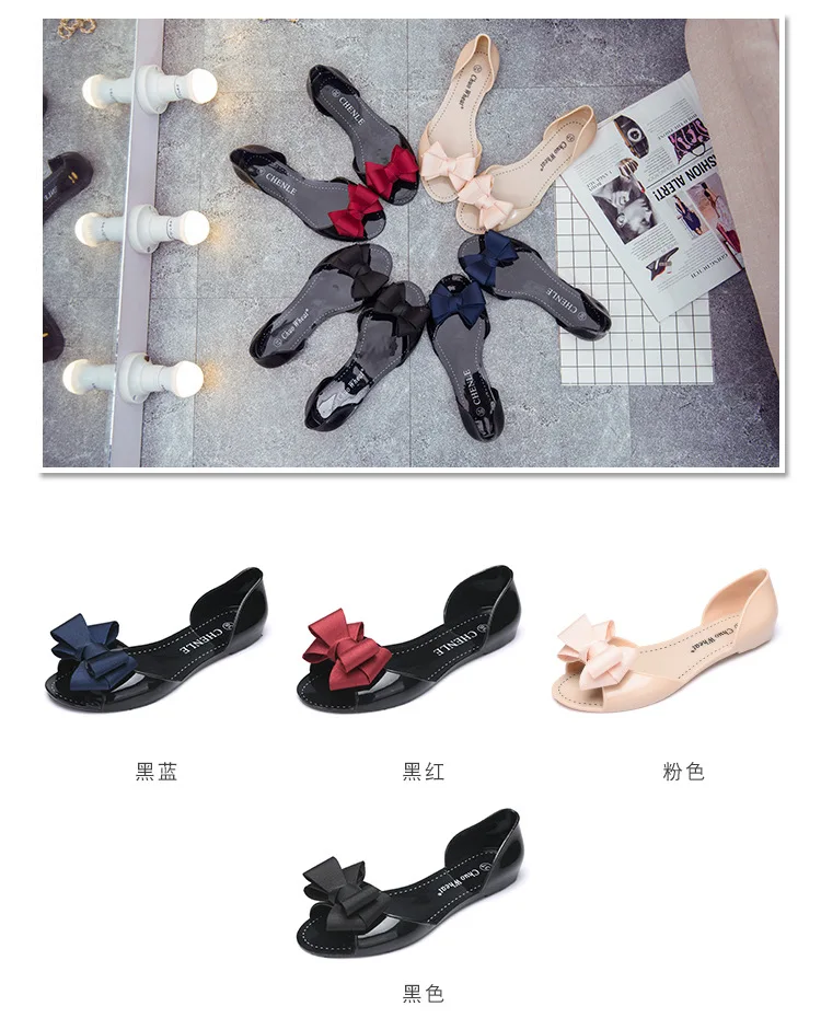 ZHENZHOU Sandals female flat bottom wild jelly shoes soft bottom plastic bow fish mouth shoes Korean women's shoes new