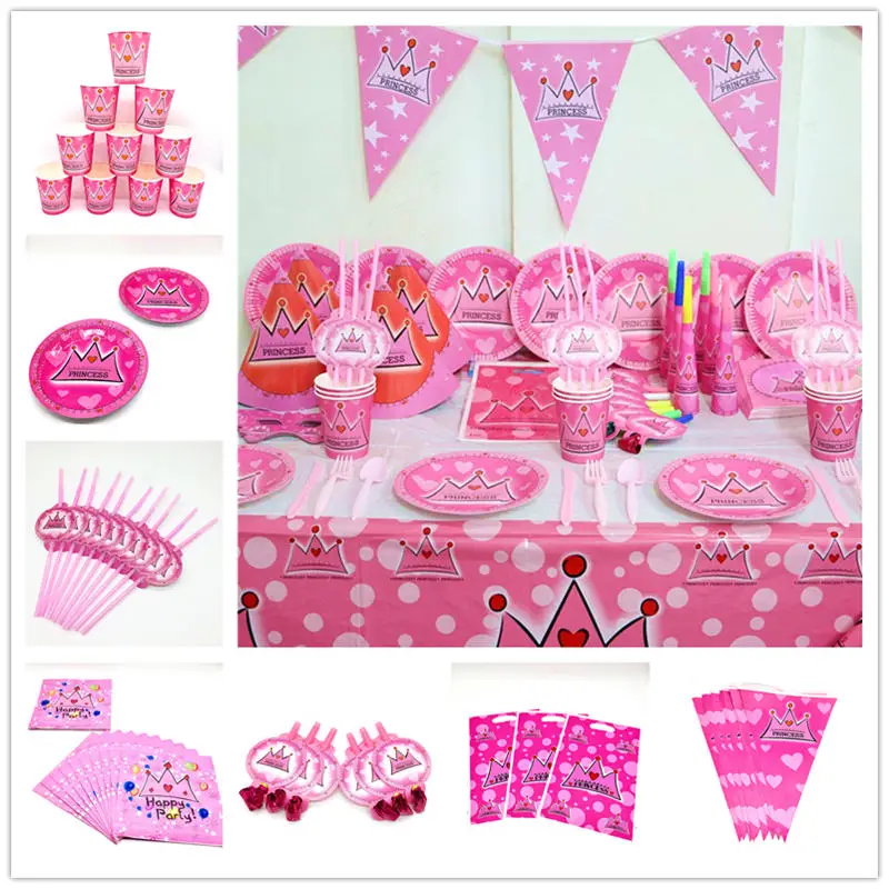 

New Pink Crown Theme Girl Favor Birthday Party Pink Cup+Plate+Napkin+Mask Event Party Wedding Gift Bag Banner Blowout Cap Supply