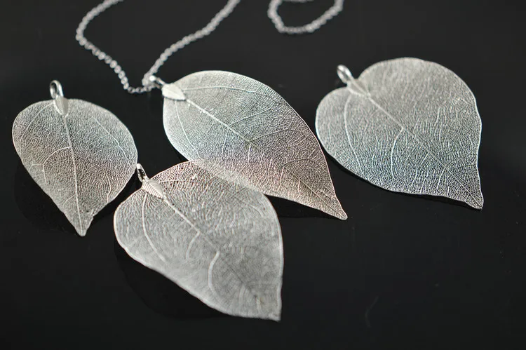 

New Fashion Real Leaf Silvery Plating Charm Pendant Linked Chains Necklace