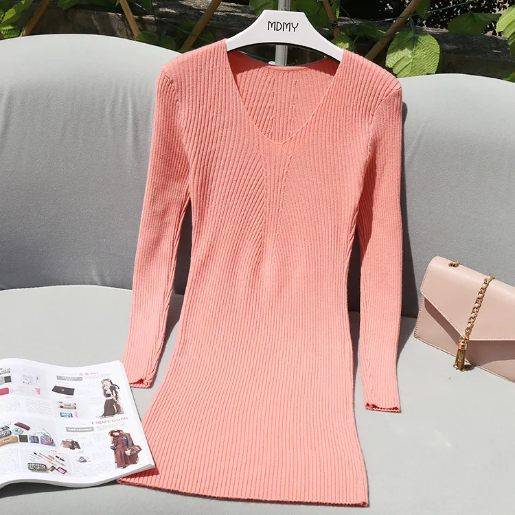 Женское трикотажное платье-свитер с V-образным вырезом | Женская одежда
