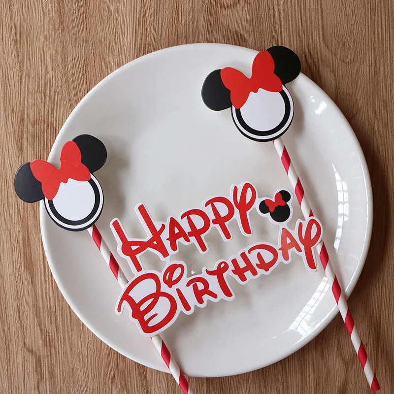 Res Minnie Минни торт Топпер с бумажной соломинкой для детского душа украшения Anniversaire Микки флажки для торта вечерние кекс - Цвет: Res Minnie