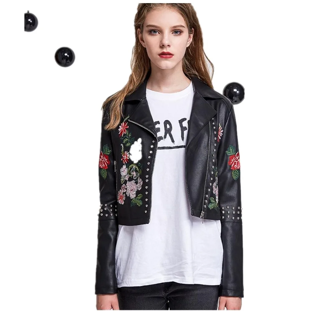 Женская кожаная куртка с бисером и вышивкой модель wj1021 на весну осень 2019|jackets