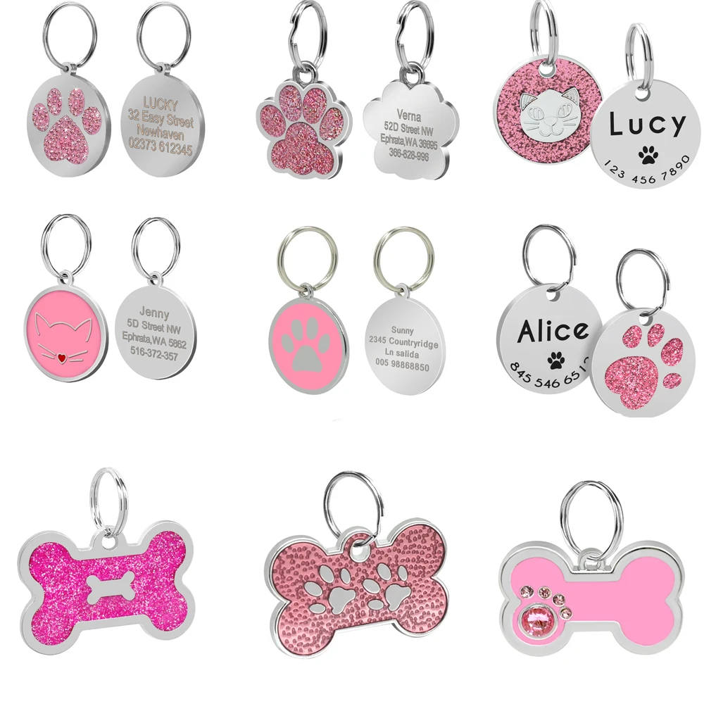 

Custom Dog Tag Dogs Pets Accessories Personalized Puppy Dog Cat Name ID Tags Engraved For Small Dogs Cats Bone Paw Pink Pet Shop