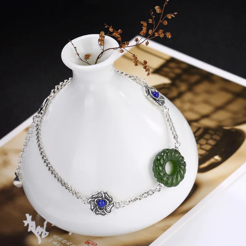 

2018 Fashion Silver S925 Pure Silver Natural Hetian Jade Jasper Mosaic Flower Flower Chain Chain Lady Wholesale