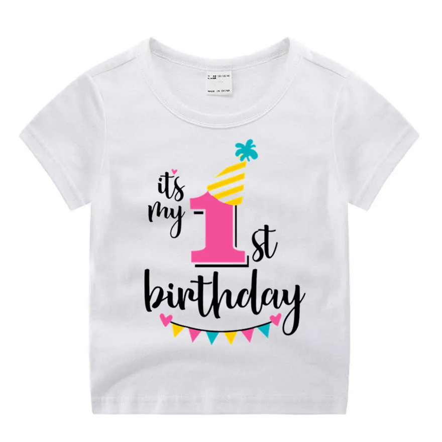 P683-1 Милая одежда с надписью «Happy Birthday» и цифрами 1-7 для маленьких мальчиков и девочек; детская забавная футболка с круглым вырезом; хлопковая детская одежда - Цвет: P683-1