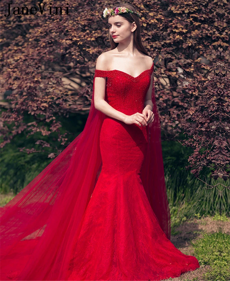 

JaneVini Elegant Lace Red Mermaid Prom Dress with Cloak V Neck Luxury Beading Backless Prom Dresses Plus Size Gala Jurken Dames