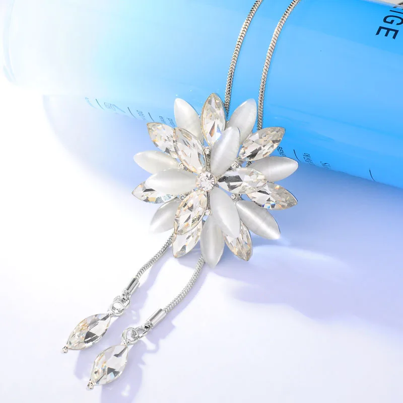 White Opal Crystal Sunflower Tassel Long Necklace For Women Fashion Jewelry Classic Sweater Necklaces &amp Pendants Bijoux | Украшения и