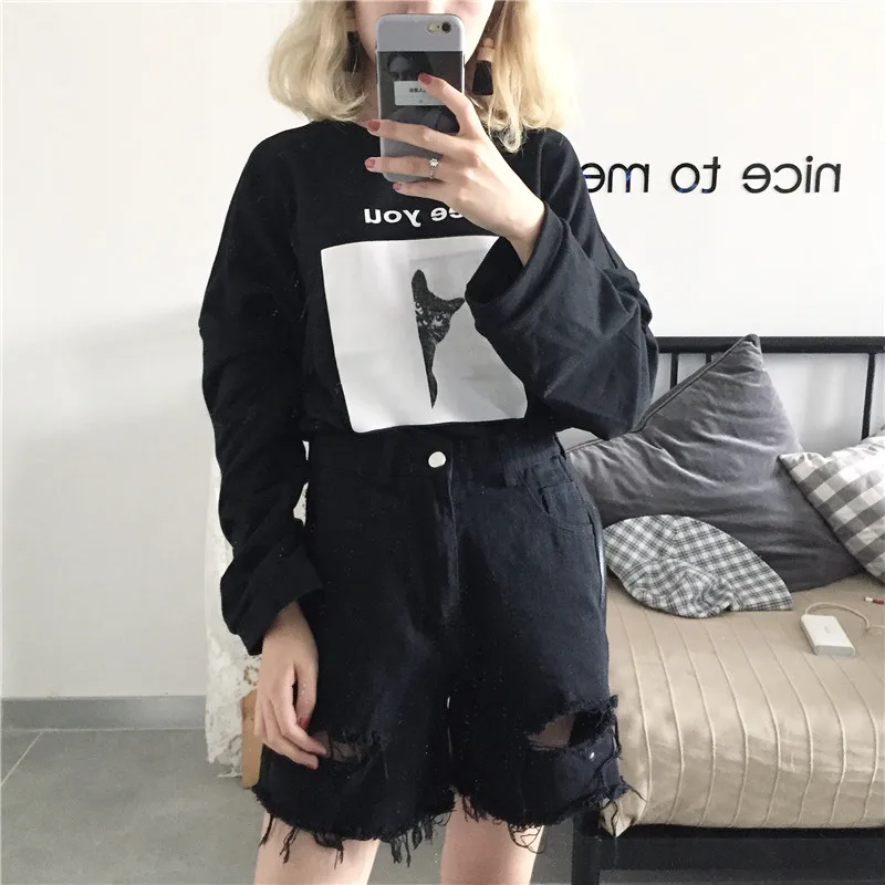 YouGeMan футболка Femme Осень корейский стиль Ulzzang Harajuku мультяшный принт длинный рукав футболка женская повседневная с o-образным вырезом топы