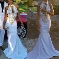 new white halter long mermaid prom dresses 2021 black girls keyhole lace applique sweep train formal party evening gowns custom