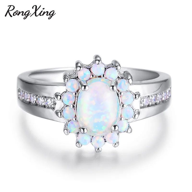 RongXing Stylish White/Blue Fire Opal Oval Birthstone Rings For Women Silver Color Zircon Rainbow Jewelry RP0152 | Украшения и