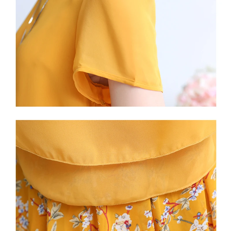 Fashion Two Piece Set Women Skirt 2019 New Short Sleeve Tops+Printed Chiffon Summer Elegant Plus Size Womens 3XL |