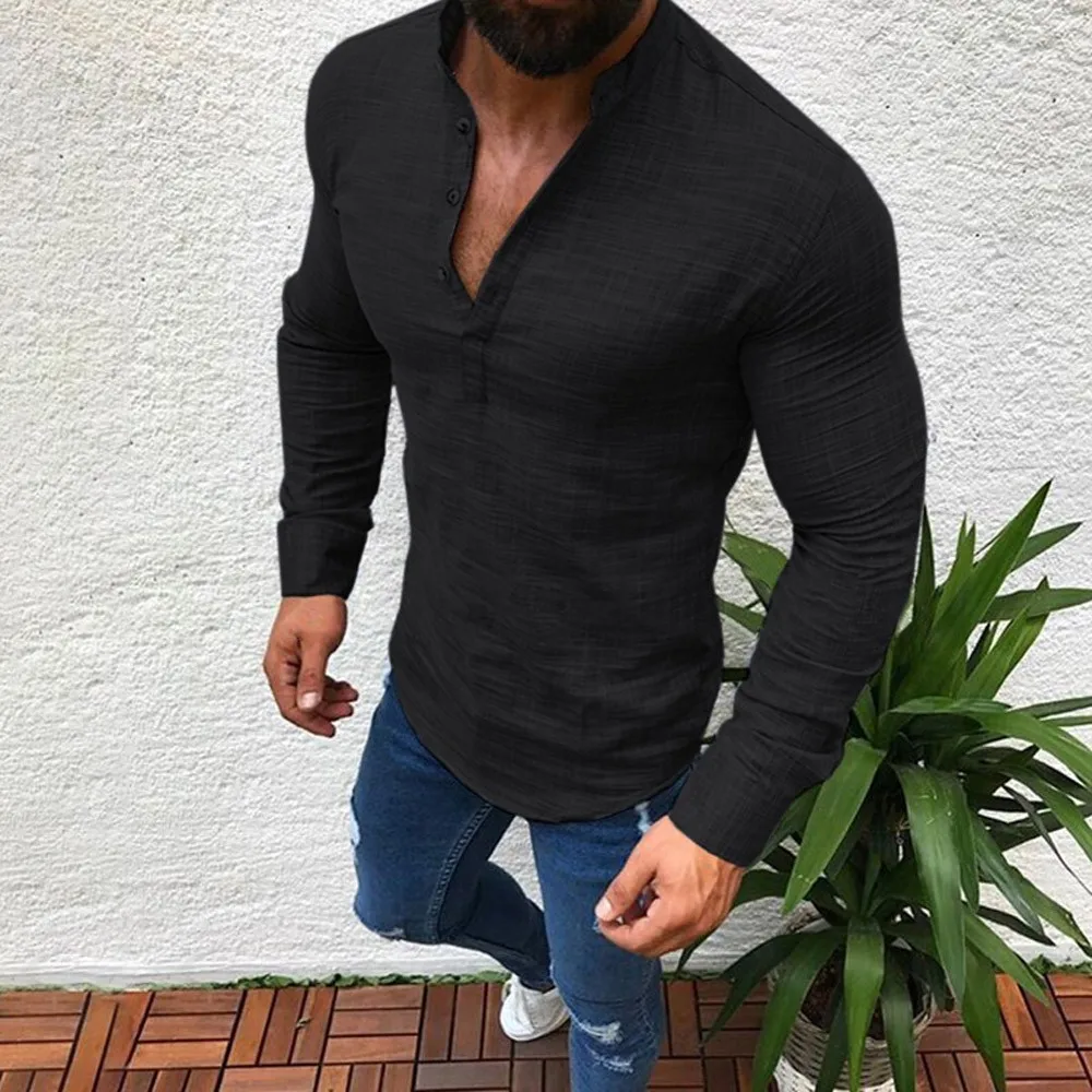 

Men's Shirts Cotton Linen Shirt Men Long Sleeve V Neck Button Up Shirts Male Casual Business Fit Blouse Men Shirt style 2019 #30