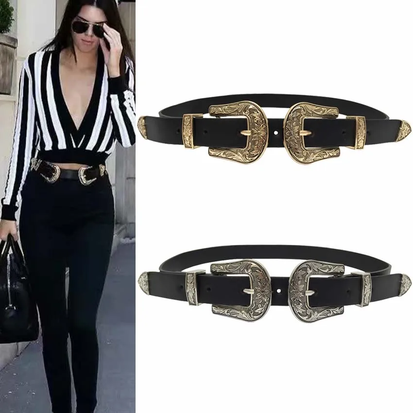 

New Hot Fashion Vintage carved design alloy Metal Leather Belts for women Double Buckle Waist Belt Waistband High Quality female
