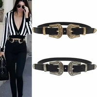 new hot fashion vintage carved design alloy metal leather belts for women double buckle waist belt waistband high quality female