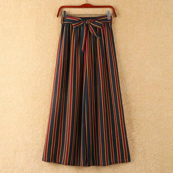 Корейская полосатая Высокая талия Pantalones Mujer с поясом осенние Узкие повседневные свободные штаны женские брюки с эластичным поясом - Цвет: 21 Wine Red Striped
