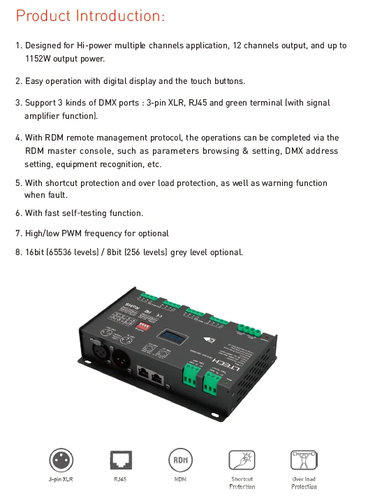Светодиодный декодер DMX DC12V-24 В вход; 4A* 12CH 48A выход 1152 Вт RGB/RGBW Светодиодная лента 12 каналов DMX декодер XLR-3/RJ45 порт