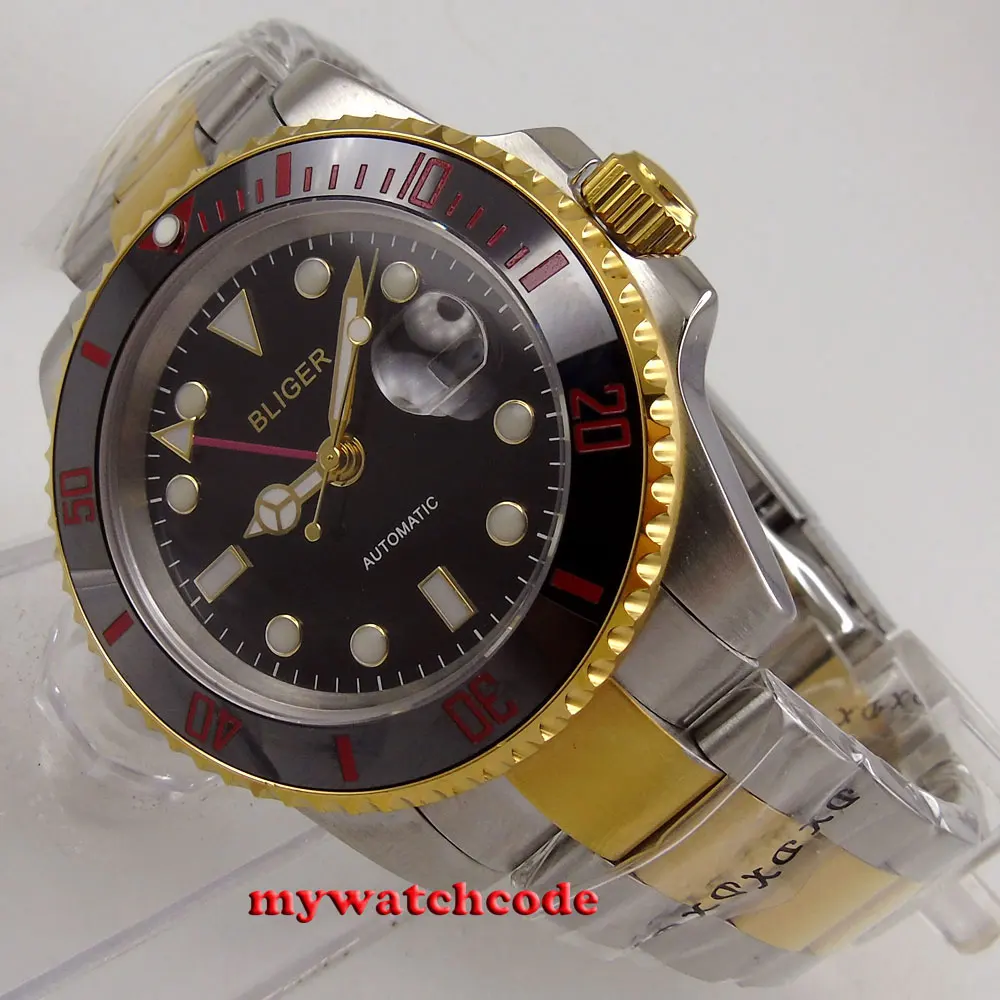40mm bliger black dial ceramic bezel sapphire GMT date automatic mens watch B269