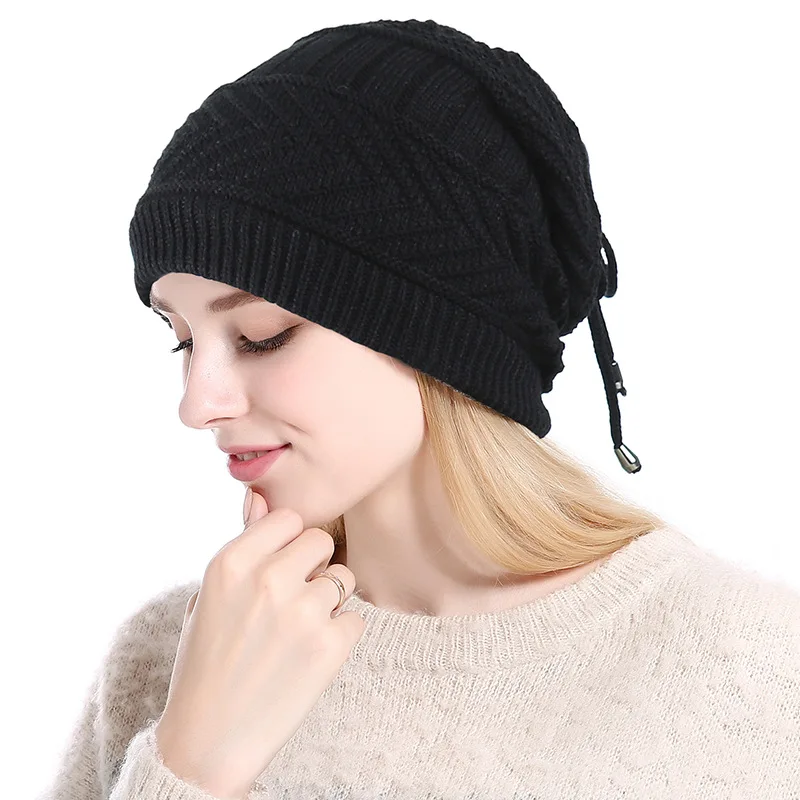 Зимняя женская вязаная шапка бини теплые Skullies Beanies Зимние шапки для мужчин плюс вельветовые кепки хип-хоп шапка женские шапки Новинка - Цвет: Black