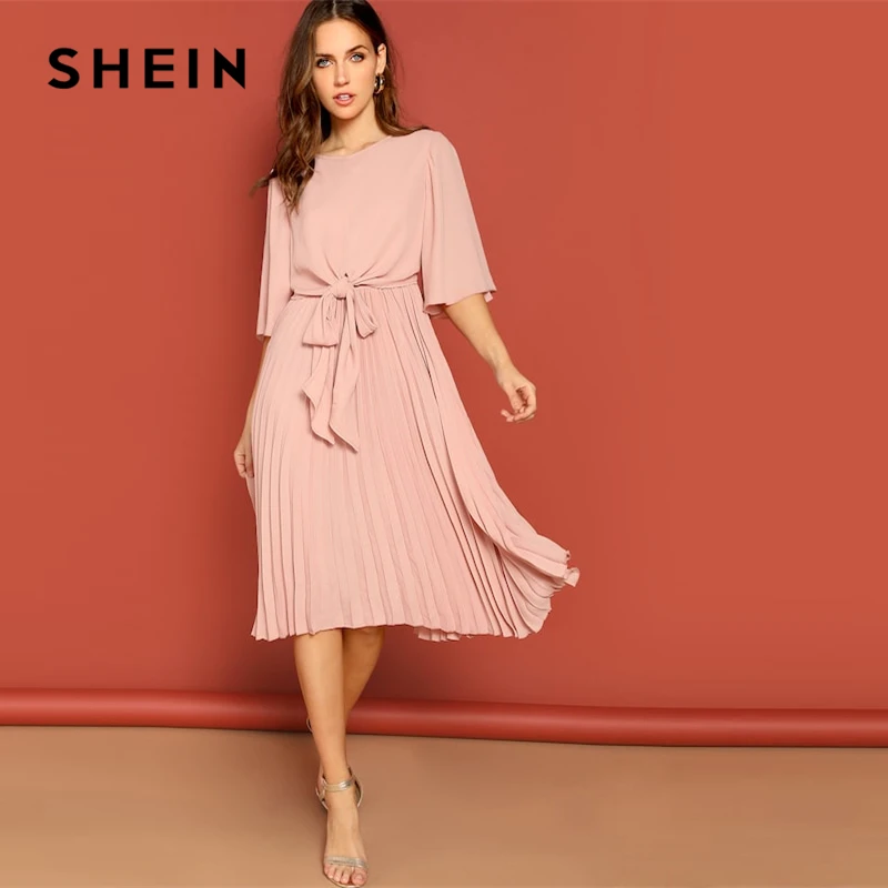SHEIN Однотонное Платье С Оригинальным Рукавом И Узлом Женское Розовое Элегантное Платье С Средним Рукавом И Поясом