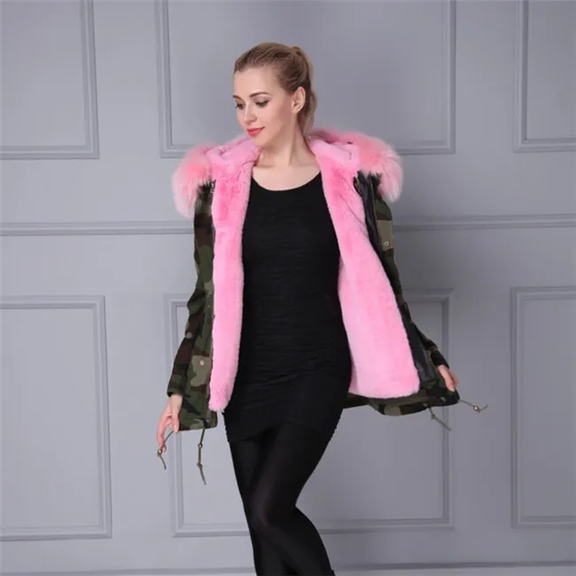 pink Парка зимняя куртка женская парка натуральный мех пальто большой натуральный мех енота воротник с капюшоном мех лисы внутренняя куртка размера плюс ветрозащитная - Цвет: pink