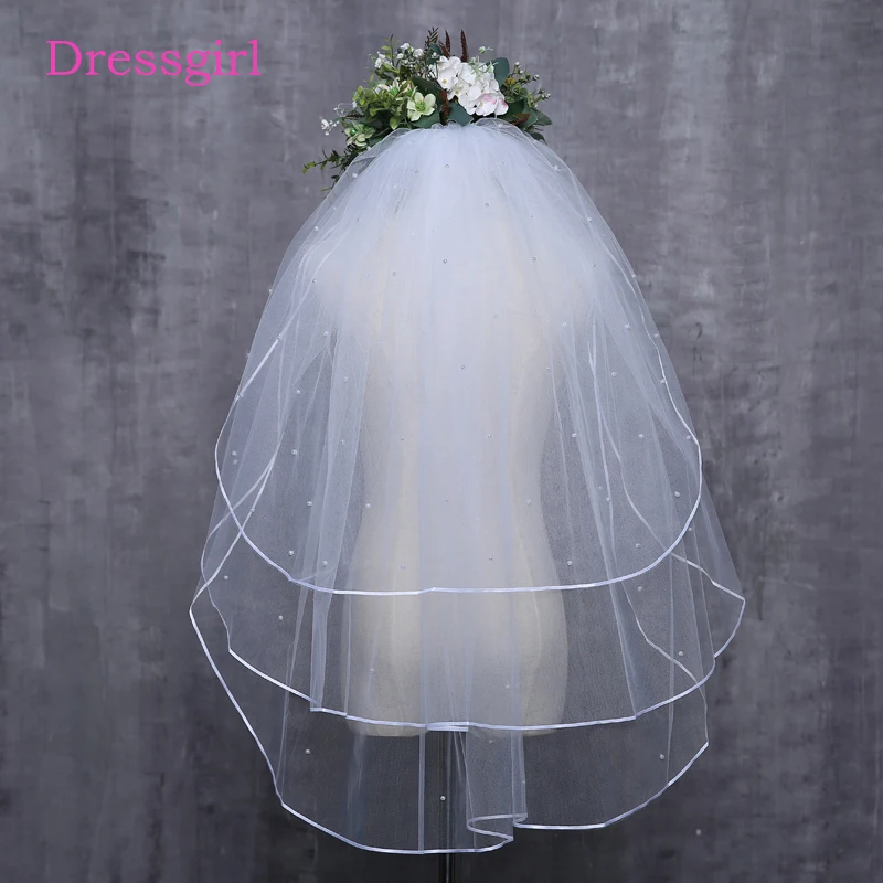 High Quality Soft Bridal Illusion White Ivory 3T Ribbon Edges with pearls Bridal Wedding Veils