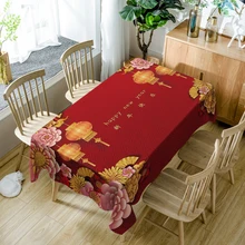 Chinese New Year 3d Tablecloth Red Dinner Pattern Polyester Cotton Table Cloth Washable Waterproof Rectangular Table Cover