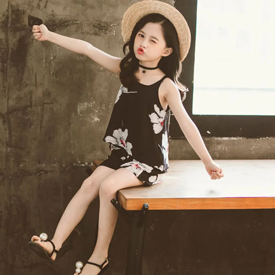 Set Clothes For Girls Floral Vest + Short 2PCS Children'S Costumes Big Kids Summer 6 8 10 12 13 14 Year | Детская одежда и