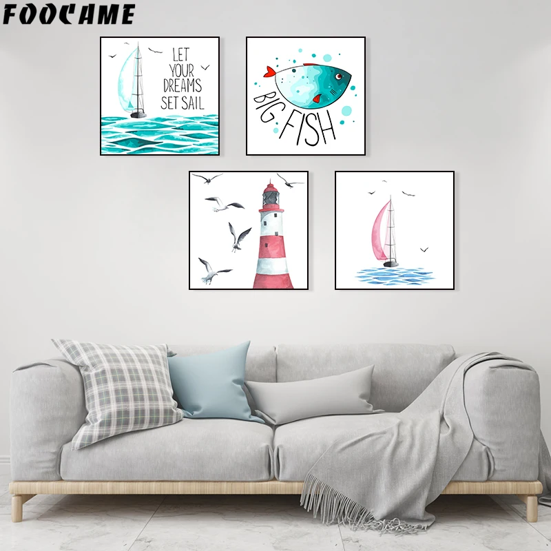 FOOCAME Sea Marine life Fish Sailboat lighthouse Canvas Painting Nordic Poster Wall Art Print Decoration Pictures Living Room | Дом и сад