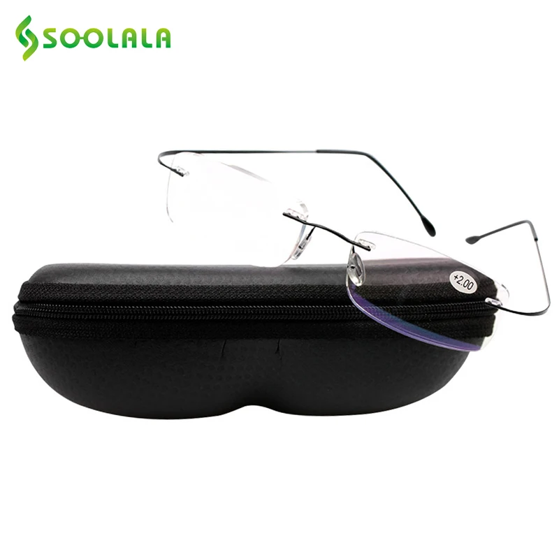 Black with case SOOLALA Для женщин Для мужчин Титан Нержавеющая сталь очки для чтения без оправы высокого класса легкого чтения очки с Чехол+ 1,0 до 3,5 - Цвет оправы: Black with case