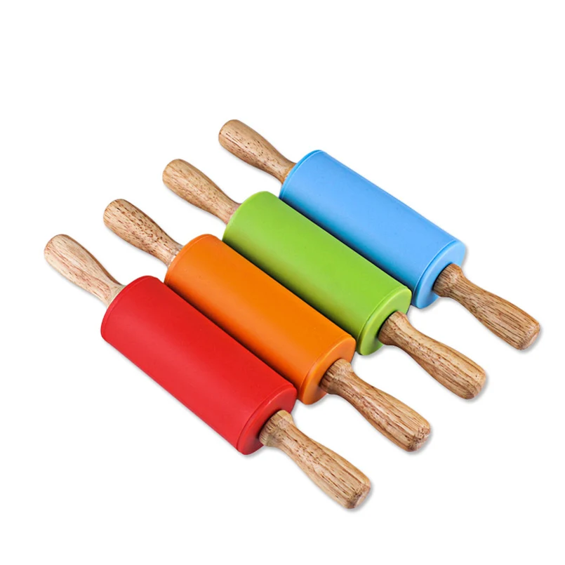 23cm Mini Silicone Rolling Pin 4 Sweet Colors Wood Handle Non-stick Dough Roller Parent Child DIY Baking Pastry Tools