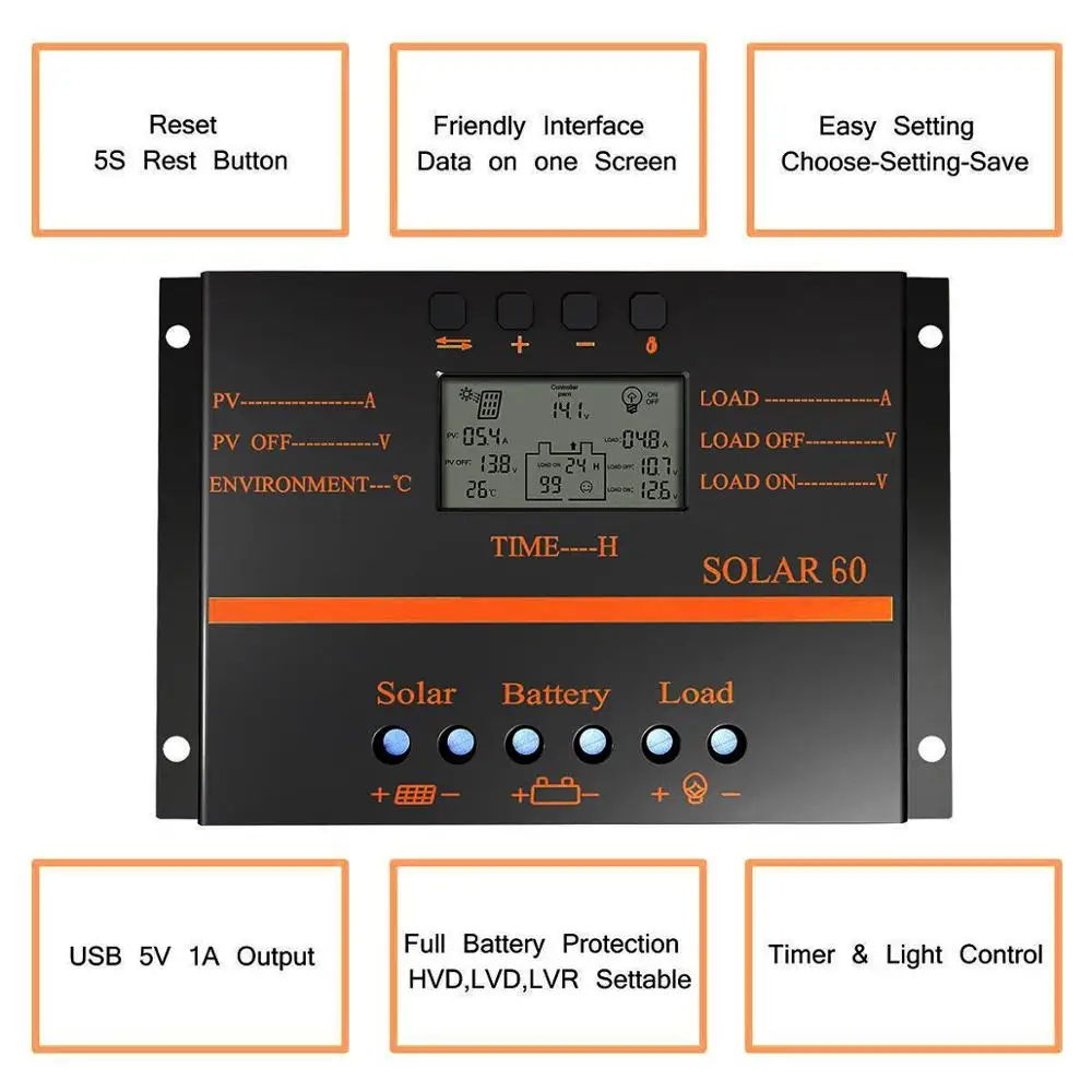 Контроллер солнечной зарядки PowMr 50A 60A 80A PWM 12 В 24 в ЖК дисплей PV батарея с 5 USB