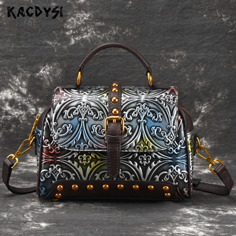 Маленькая женская сумка тоут из 100% натуральной кожи с тиснением винтажная