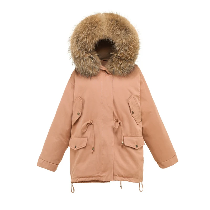 Женский пуховик на утином пуху длинный с капюшоном и воротником из натурального