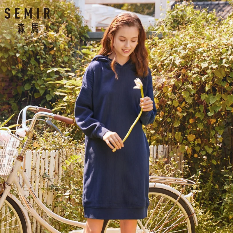 SEMIR Для женщин с капюшоном Толстовка в рубчик платье заниженной линией плеч