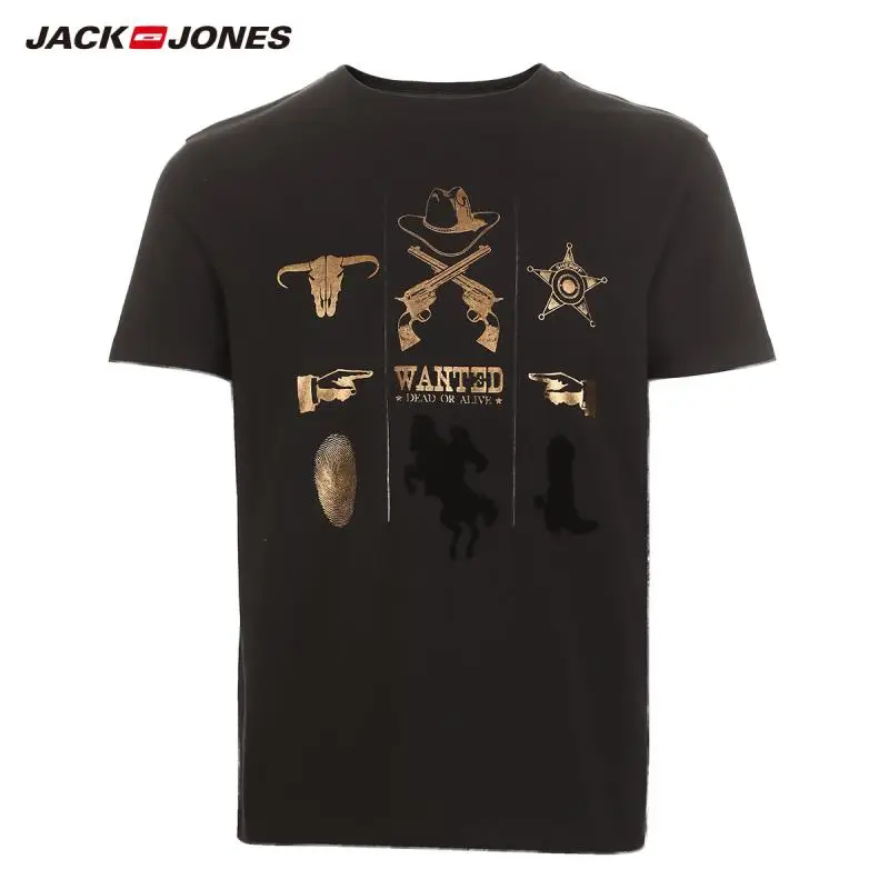 BLACK INK JackJones Мужская футболка из хлопка Удобная футболка с короткими рукавами и принтом 219201503 - Цвет: BLACK INK