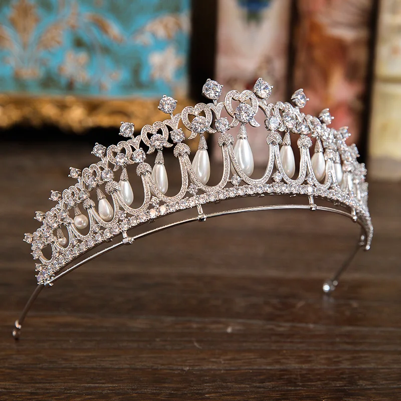 

Paved CZ Tiara Bride Crown Zircon Tear Drop Pearl Diadema Wedding Hair Accessories Jewelry Princess Mariage Tiaras Crown