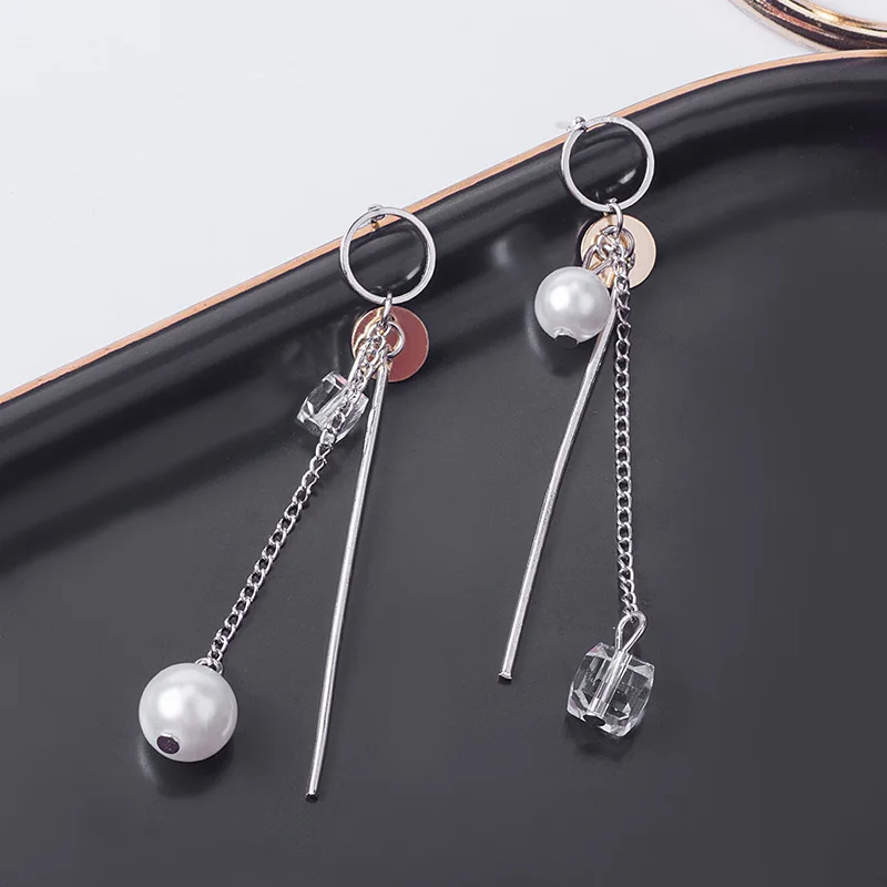 Japan and South Korea new earrings fashion asymmetrical personality long crystal Pearl Tassel female | Украшения и аксессуары