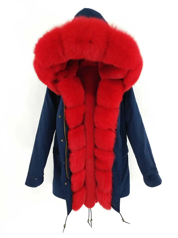 red fur Непромокаемая Длинная зимняя парка Куртка женская Меховое пальто Воротник мех лисы Теплая уличная мода новая - Цвет: red fur