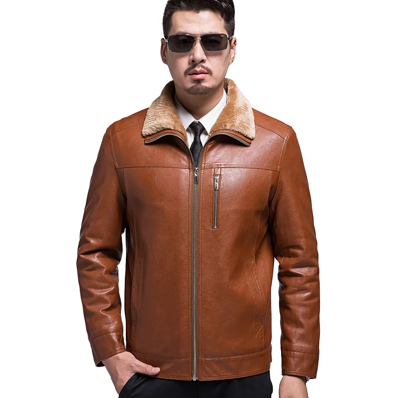 Мужская кожаная куртка зимняя деловая черная теплая с воротником стойкой M