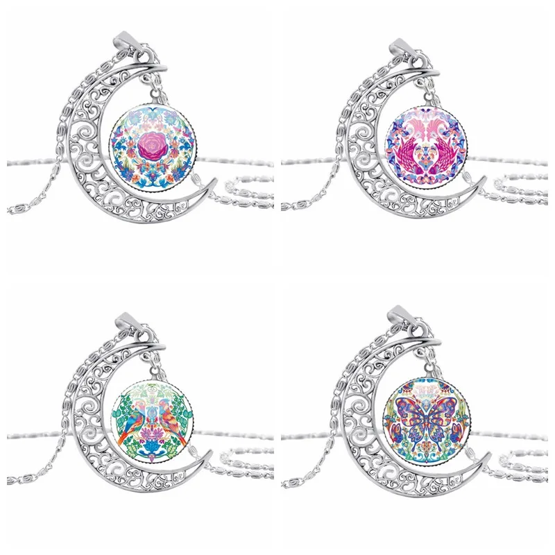 

10 crescent Printed rose flower plant necklace half moon butterfly magpie animal lucky amulet hollow moon small fish necklace