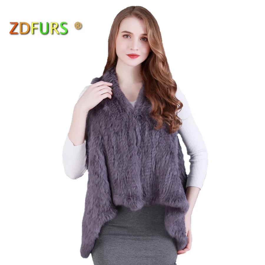 ZDFURS * New Genuine Rabbit Fur Coat Fashion Women knit Rabbit Fur vest Winter Warm Rabbit Fur Waistcoat