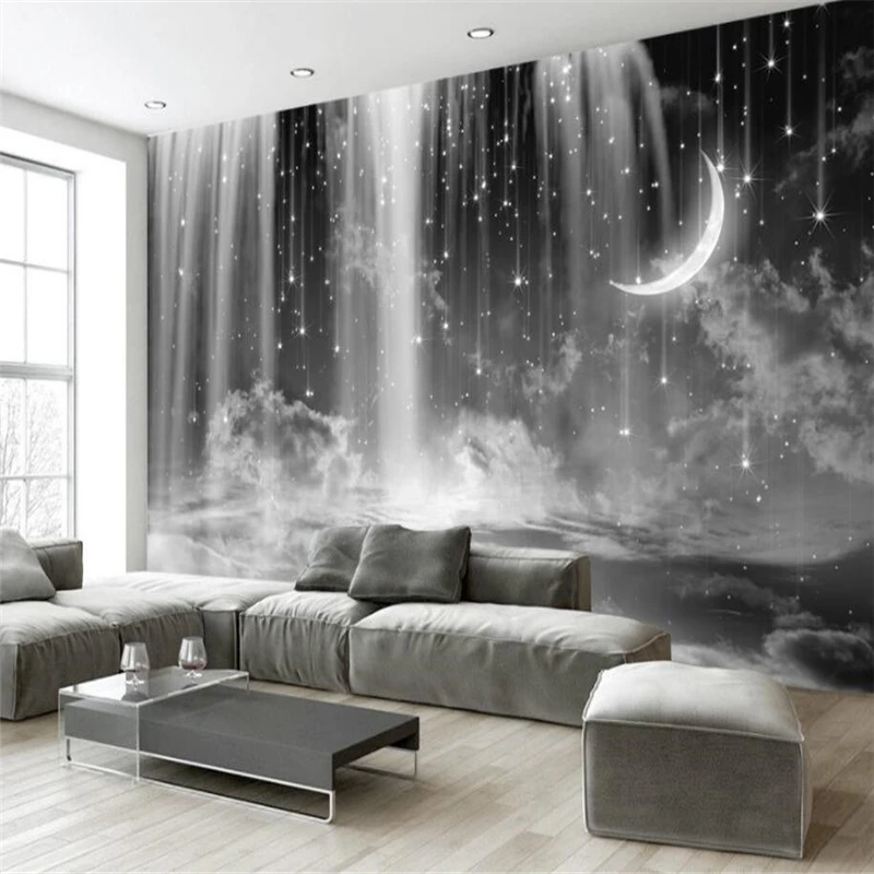 

beibehang Wall paper Mural Living Room Bedroom Custom Black and White Waterfall Star Mural TV Background Wall Home Decor
