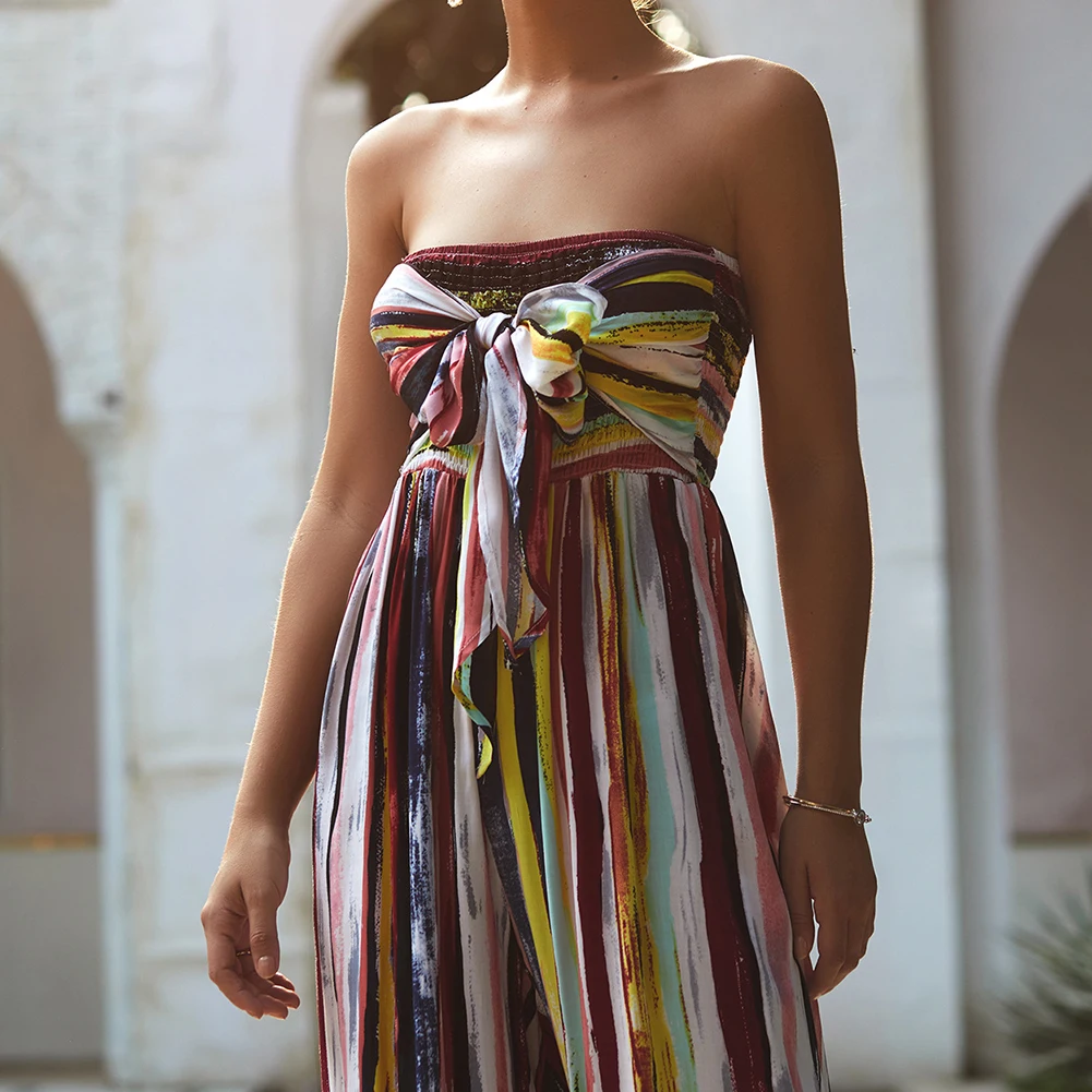 2019 Sexy Women's Multicolor Striped Off Shoulder Long Pants Jumpsuit Summer Printed Club Party Strapless Bow Bandage Rompers | Женская