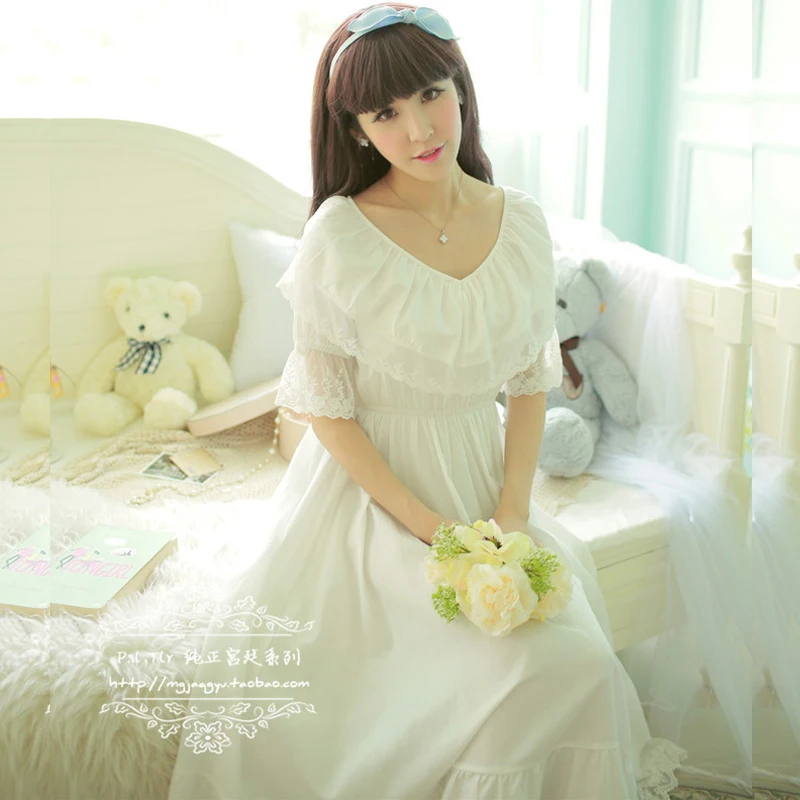 Fashion short-sleeve royal princess nightgown aesthetic white full dress 100% cotton sleepwear lounge