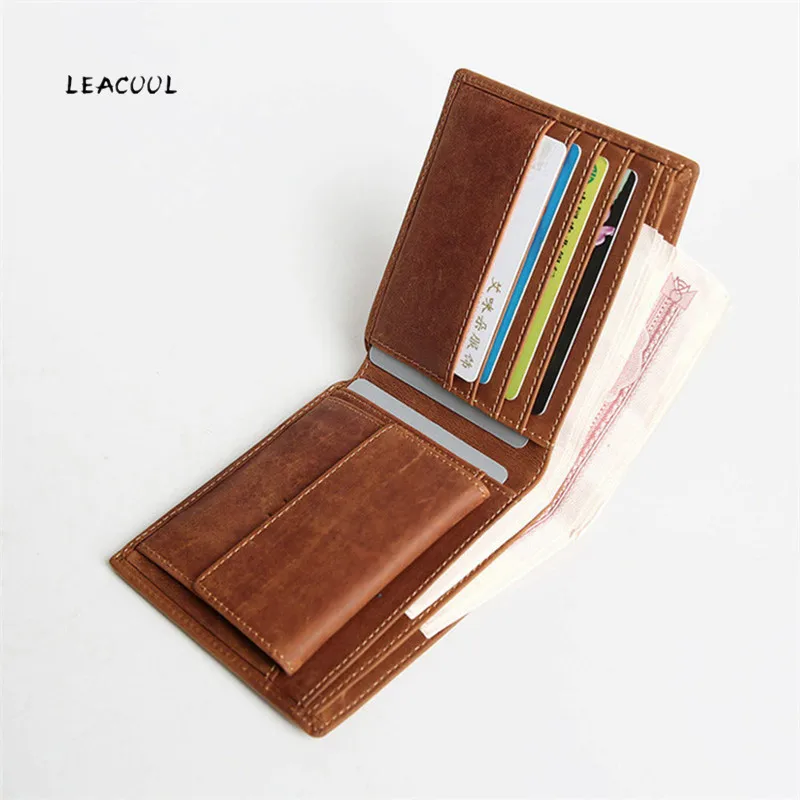 Кошелек LEACOOL мужской из натуральной кожи винтажный короткий бумажник двойного