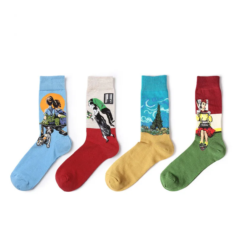

New Men Women Cotton Socks Vintage Oil Paiting Socks Art Funny Socks For Couples