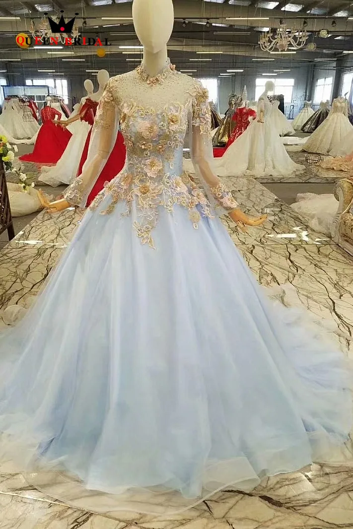 Hot Sale 2019 Vestido De Festa High Neck Evening Dresses Lace Flowers Banquet Party Dress Women Full Sleeves Prom Gown EV48 | Свадьбы и