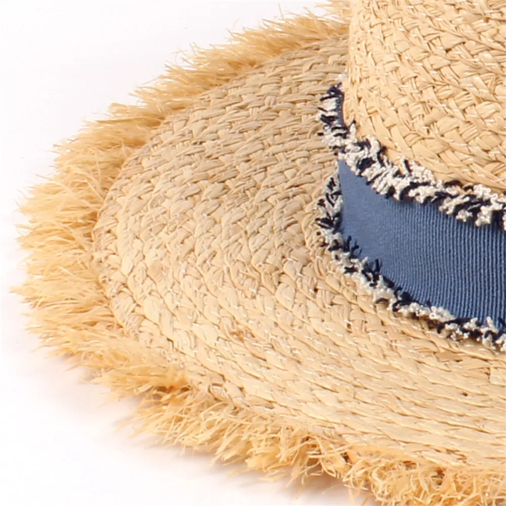 Женская пляжная шляпа из рафии элегантная Панама от солнца с кисточками плоским