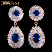 cwwzircons gorgeous blue cubic zirconia pave long dangle drop dubai gold plated bridal wedding earrings for women cz361