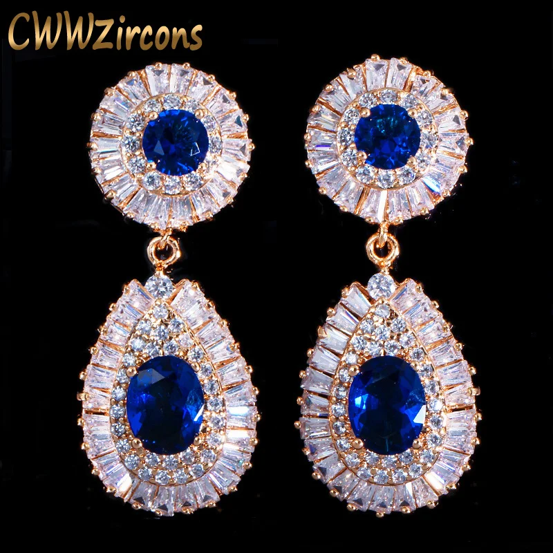 Женские серьги CWWZircons длинные висячие золотого цвета с синим кубическим